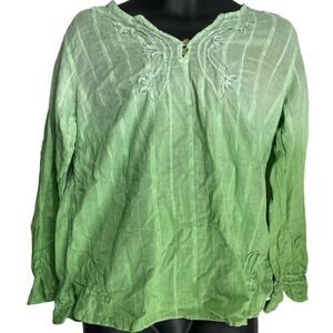 Overdrive Tunic Top Plus 16W Green Ombre Long Sleeve Split V-Neck Cotton Boho